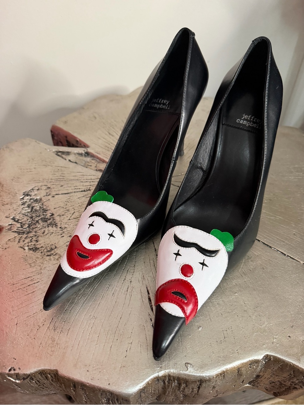 Jeffrey Campbell Black Pumps with White Clown Face Appliqués and Red Accents